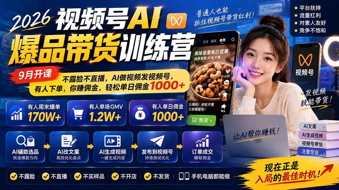 （20537期）2026视频号AI爆品带货训练营-9月开课｜不露脸不直播，AI做视频发视频号，有人下单，你赚佣金，轻松单日佣金1000+-佳梦网创 - 网创副业项目资源站