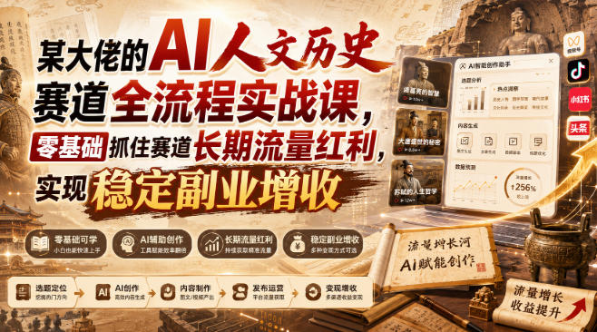 某大佬的AI人文历史赛道全流程实战课，零基础抓住赛道长期流量红利，实现稳定副业增收（更新）-佳梦网创 - 网创副业项目资源站
