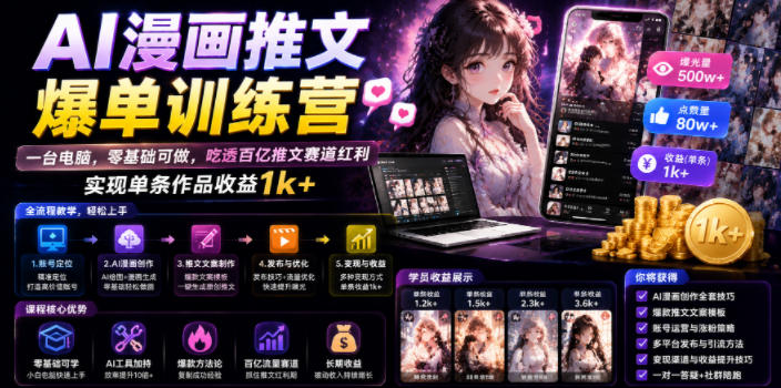 AI漫画推文爆单训练营,一台电脑,零基础可做,吃透百亿推文赛道红利,实现单条作品收益1k+ AI漫画推文爆单训练营,一台电脑,零基础可做,吃透百亿推文赛道红利,实现单条作品收益1k+