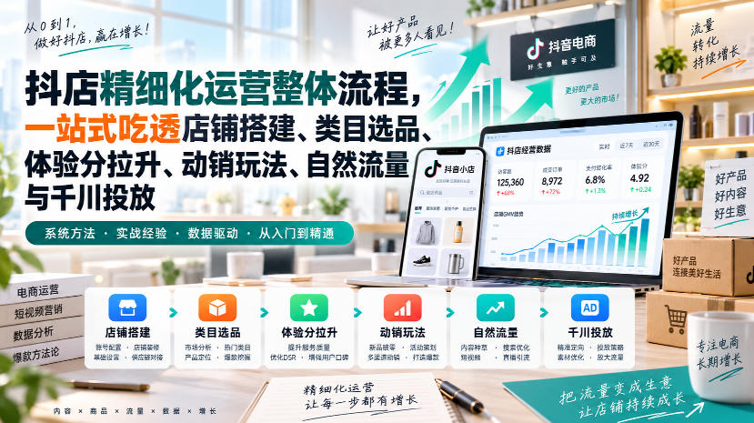 李哥电商-抖店精细化运营整体流程,一站式吃透店铺搭建、类目选品、体验分拉升、动销玩法、自然流量与千川投放-佳梦网创 - 网创副业项目资源站