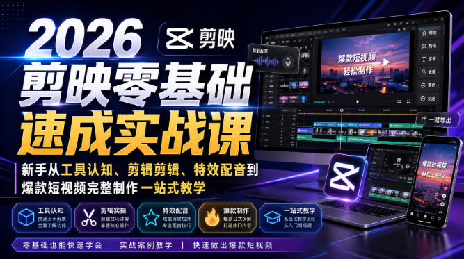 2026剪映零基础速成实战课｜新手从工具认知、剪辑剪辑、特效配音到爆款短视频完整制作一站式教学-佳梦网创 - 网创副业项目资源站