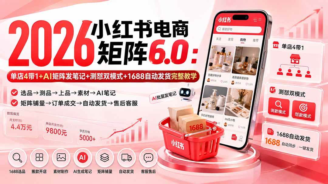 （20310期）2026小红书电商矩阵6.0：单店4带1+AI矩阵发笔记+测怼双模式+1688自动发货完整教学-佳梦网创 - 网创副业项目资源站