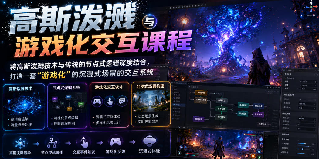 高斯泼溅与游戏化交互课程,将高斯泼溅技术与传统的节点式逻辑深度结合,打造一套“游戏化”的沉浸式场景的交互系统 高斯泼溅与游戏化交互课程,将高斯泼溅技术与传统的节点式逻辑深度结合,打造一套“游戏化”的沉浸式场景的交互系统