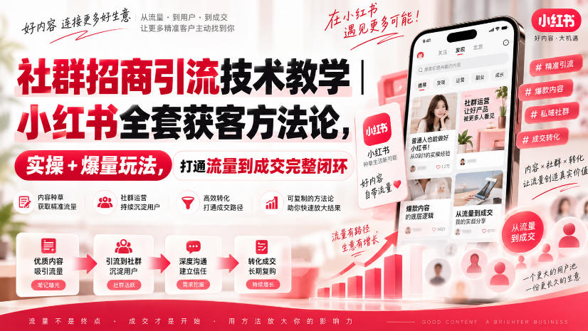 社群招商引流技术教学｜小红书全套获客方法论，实操+爆量玩法，打通流量到成交完整闭环-佳梦网创 - 网创副业项目资源站