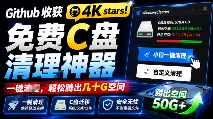 Github收获4K stars!免费C盘清理神器,轻松腾出几十G空间,支持C盘迁移Windows Cleaner-佳梦网创 - 网创副业项目资源站