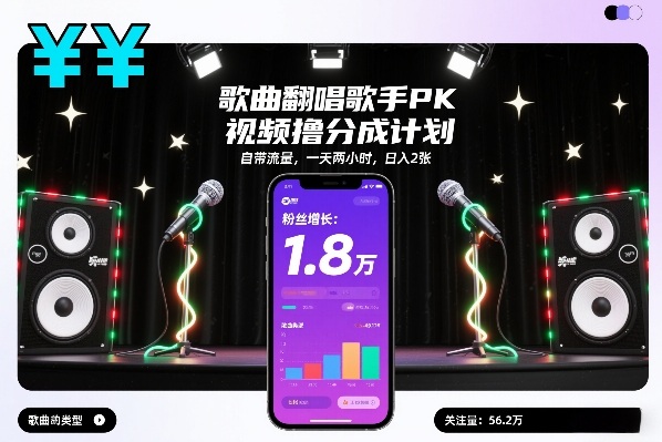 歌曲翻唱歌手PK视频撸分成计划，自带流量，一天两小时，日入2张 - 佳梦网创 - 网创副业项目资源站-佳梦网创 - 网创副业项目资源站
