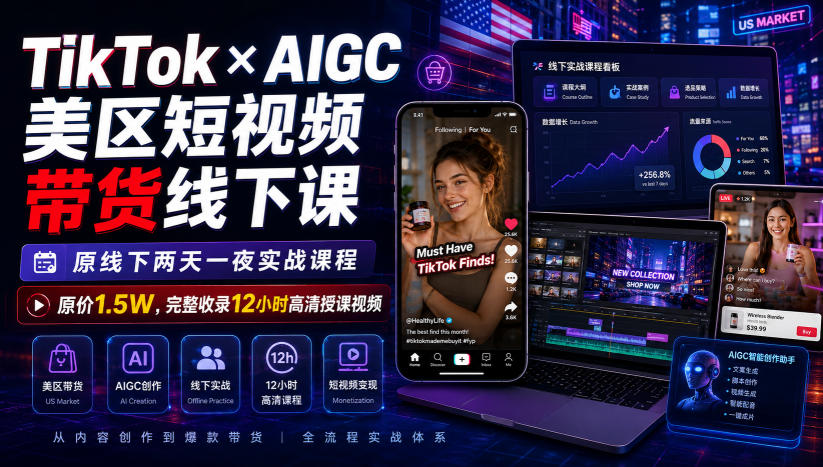 TikTok×AIGC美区短视频带货线下课，原线下两天一夜实战课程，原价1.5W，完整收录12小时高清授课视频 - 佳梦网创 - 网创副业项目资源站-佳梦网创 - 网创副业项目资源站