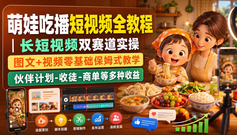 萌娃吃播短视频全教程｜长短视频双赛道实操，图文+视频零基础保姆式教学，伙伴计划-收徒-商单等多种变现方式-佳梦网创 - 网创副业项目资源站