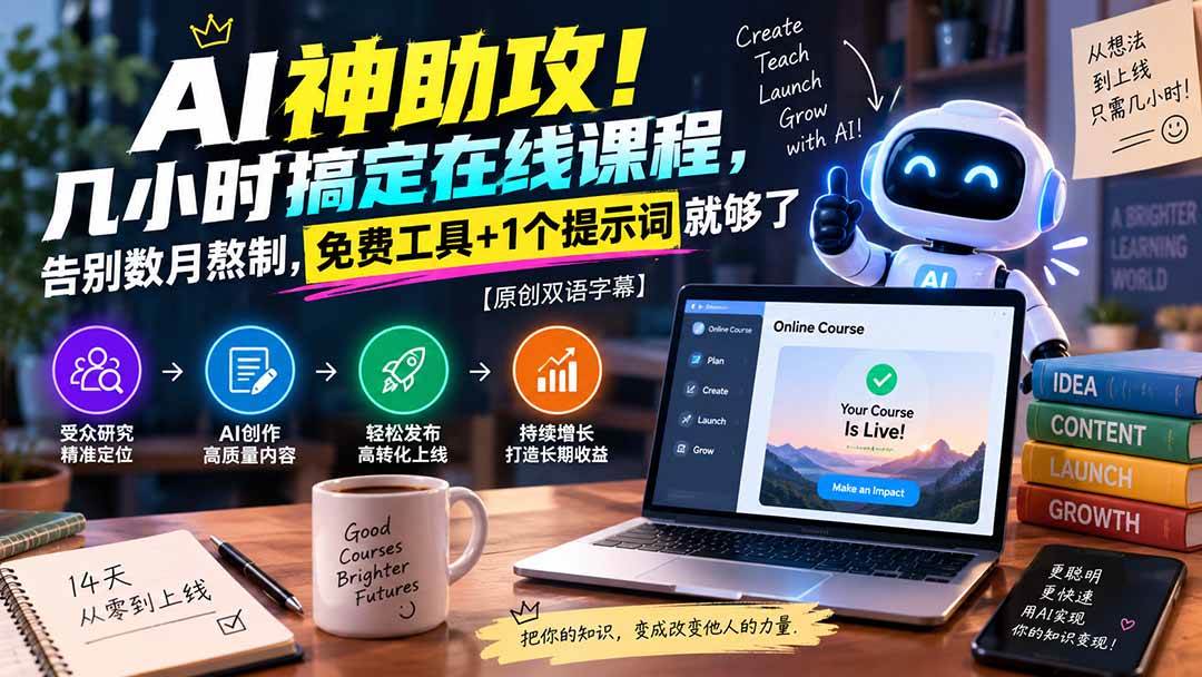 （20528期）AI神助攻！几小时搞定在线课程，告别数月熬制，免费工具+1个提示词就够了【原创双语字幕】-佳梦网创 - 网创副业项目资源站
