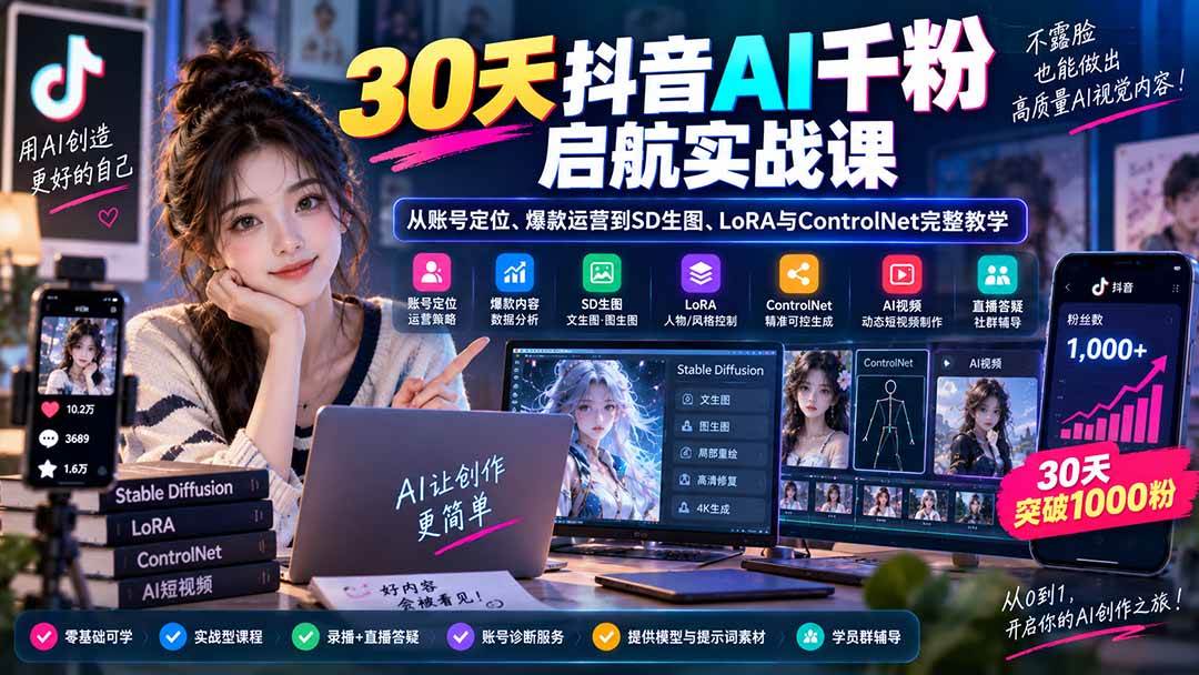 (20291期)30天抖音AI千粉启航实战课:从账号定位、爆款运营到SD生图、LoRA与ControlNet完整教学-佳梦网创 - 网创副业项目资源站