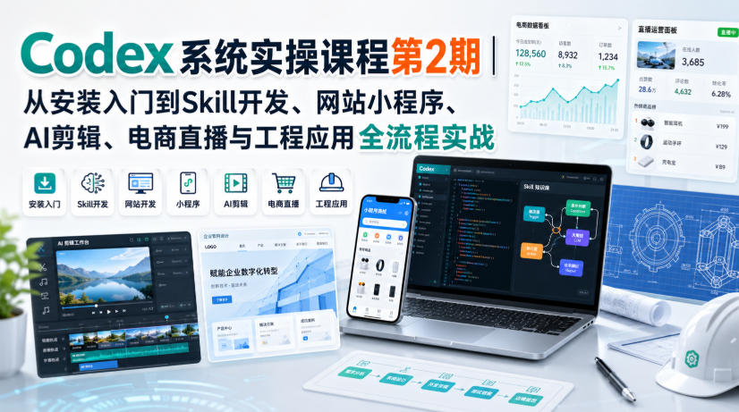 Codex系统实操课程第2期｜从安装入门到Skill开发、网站小程序、AI剪辑、电商直播与工程应用全流程实战-佳梦网创 - 网创副业项目资源站