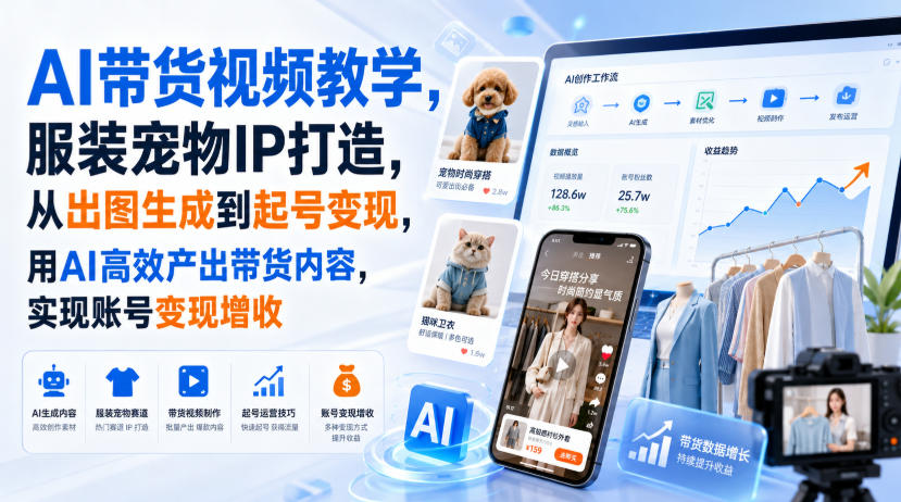 AI带货视频教学，服装宠物IP打造，从出图生成到起号变现，用AI高效产出带货内容，实现账号变现增收-佳梦网创 - 网创副业项目资源站
